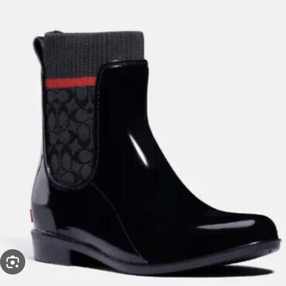 Black and Gray Rain Boots with Red Accent